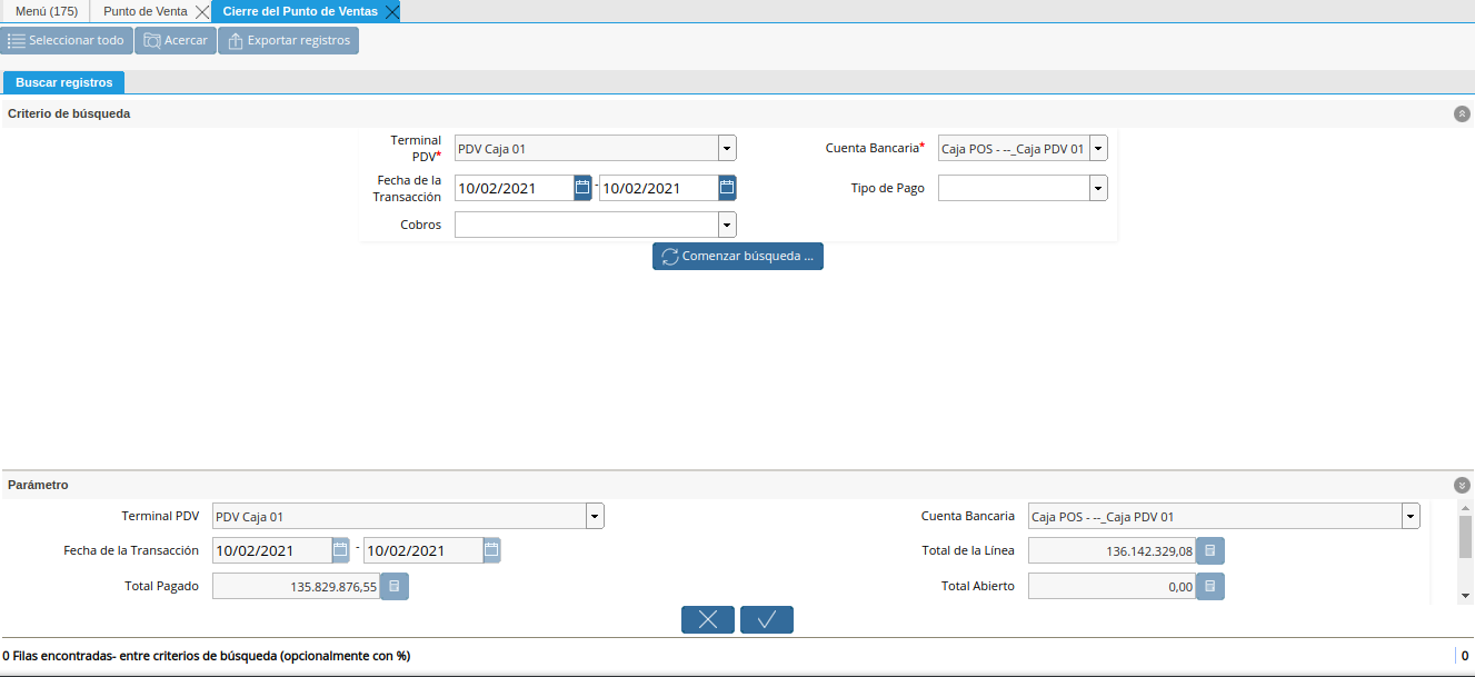 Ventana Cierre de Caja del Punto de Venta