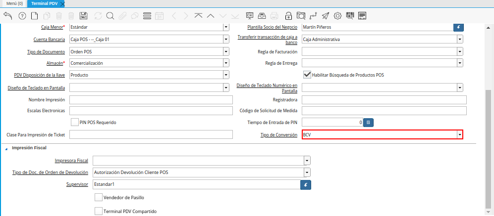 Campo Tipo de Conversión de la Ventana Terminal PDV