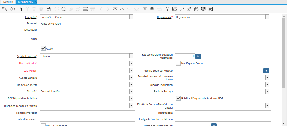 Campo Nombre de la Ventana Terminal PDV