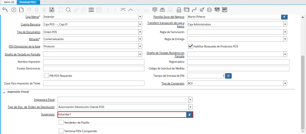 Campo Supervisor de la Ventana Terminal PDV