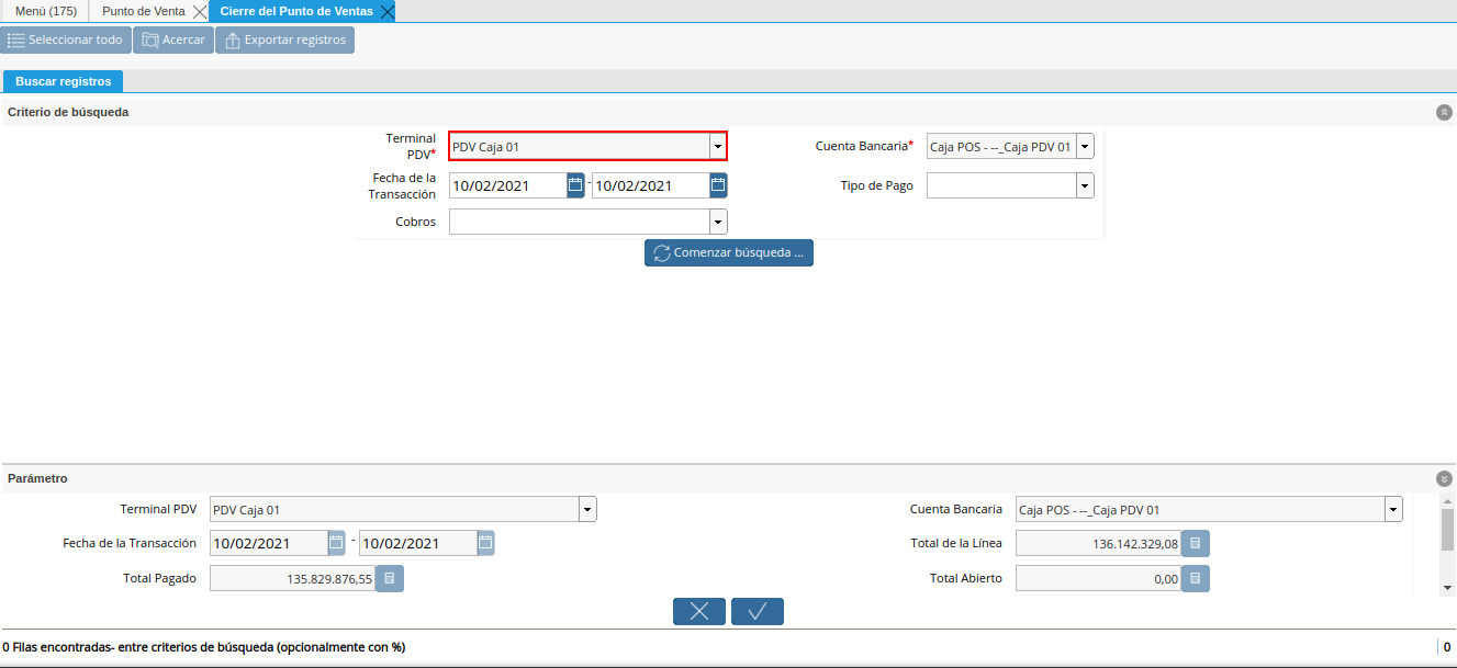 Campo Terminal PDV del Filtro de Búsqueda de la Ventana Cierre de Caja del Punto de Venta