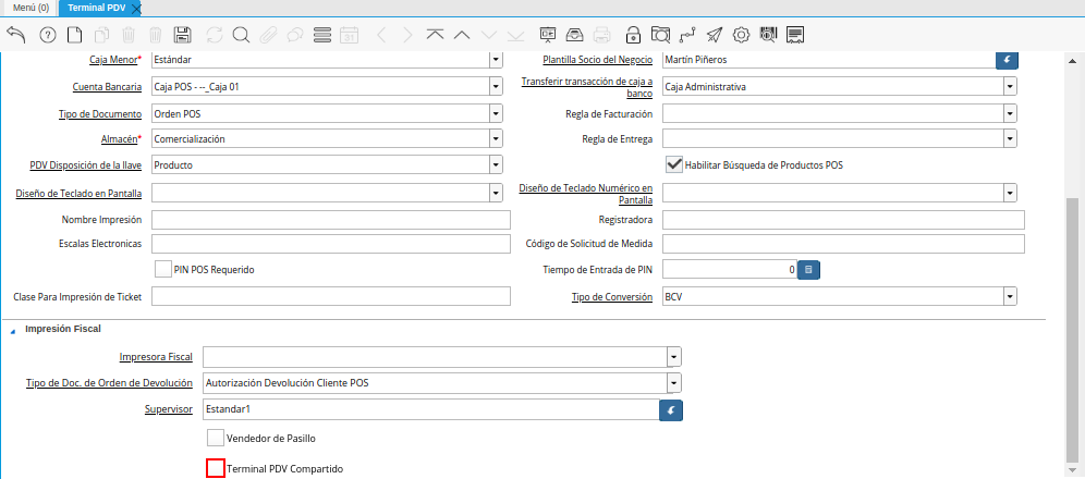 Checklist POS Compartido de la Ventana Terminal PDV