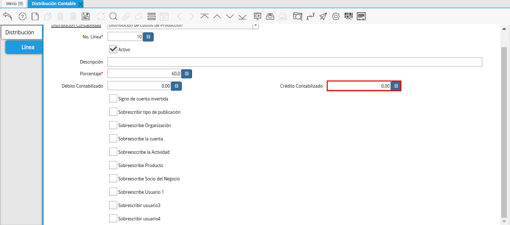 Campo Crédito Contabilizado de la Pestaña Línea de la Ventana Distribución Contable