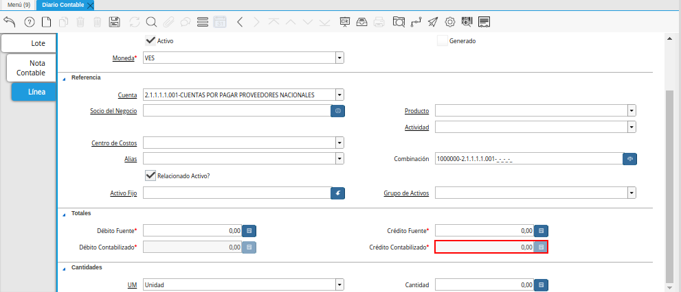 Campo Crédito Contabilizado de la Pestaña Línea de la Ventana Diario Contable