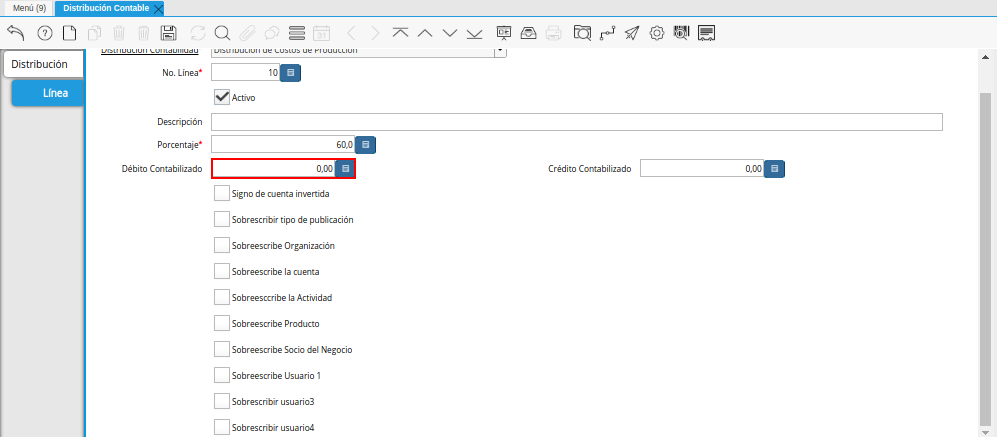 Campo Débito Contabilizado de la Pestaña Línea de la Ventana Distribución Contable