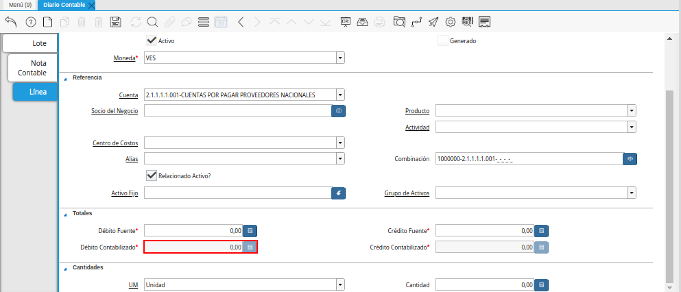 Campo Débito Contabilizado de la Pestaña Línea de la Ventana Diario Contable