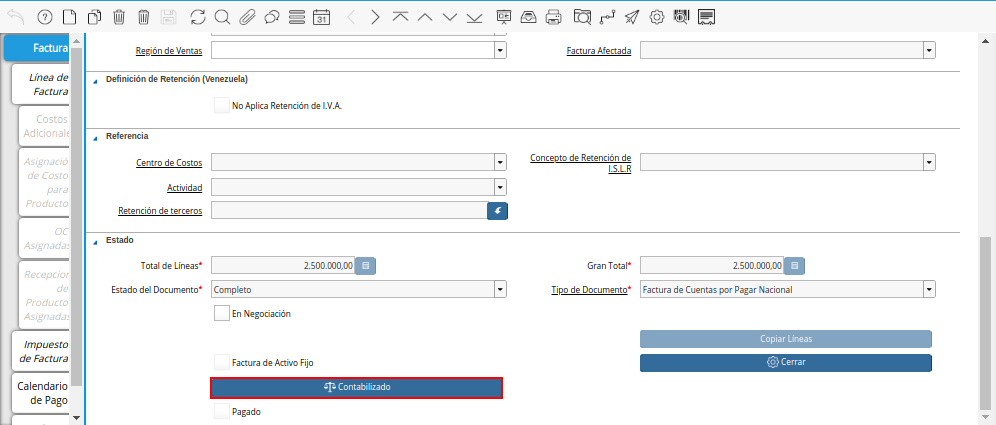 Opción Contabilizado de la Factura por Pagar