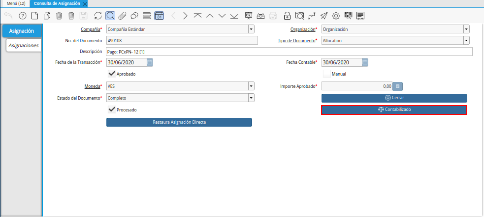 Opción Contabilizado de la Ventana Consulta de Asignación