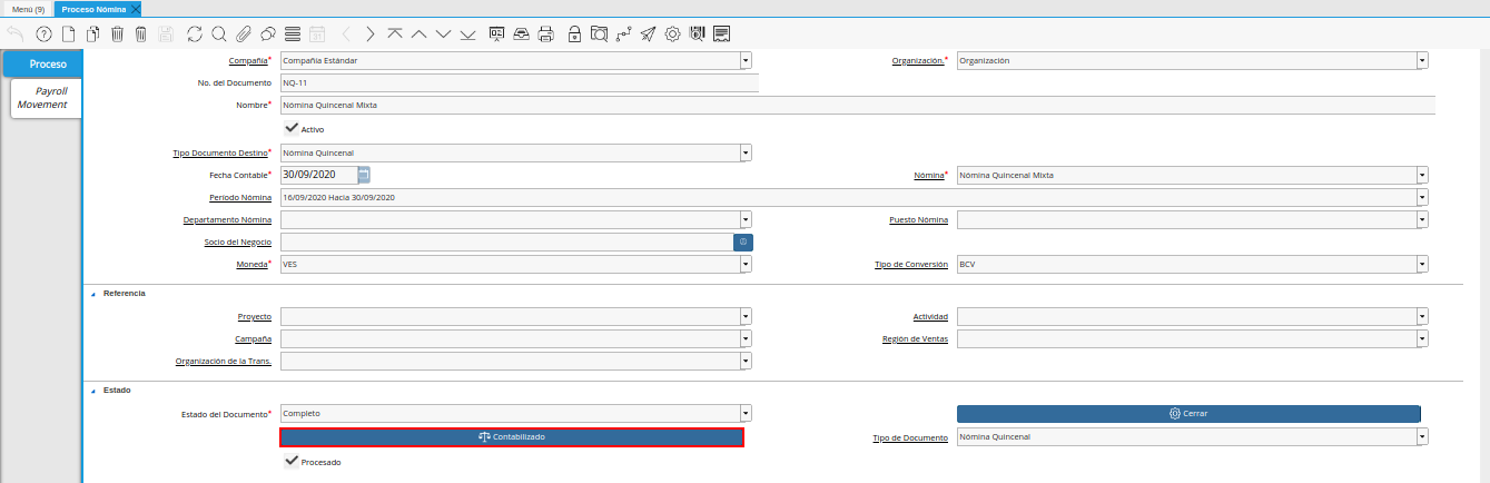 Opción Contabilizado de la Ventana Proceso Nómina