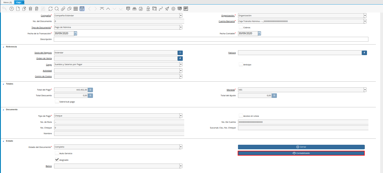 opción contabilizado de la ventana caja nómina