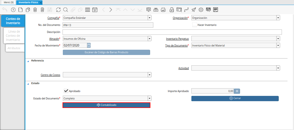 Opción Contabilizado de la Ventana Inventario Físico