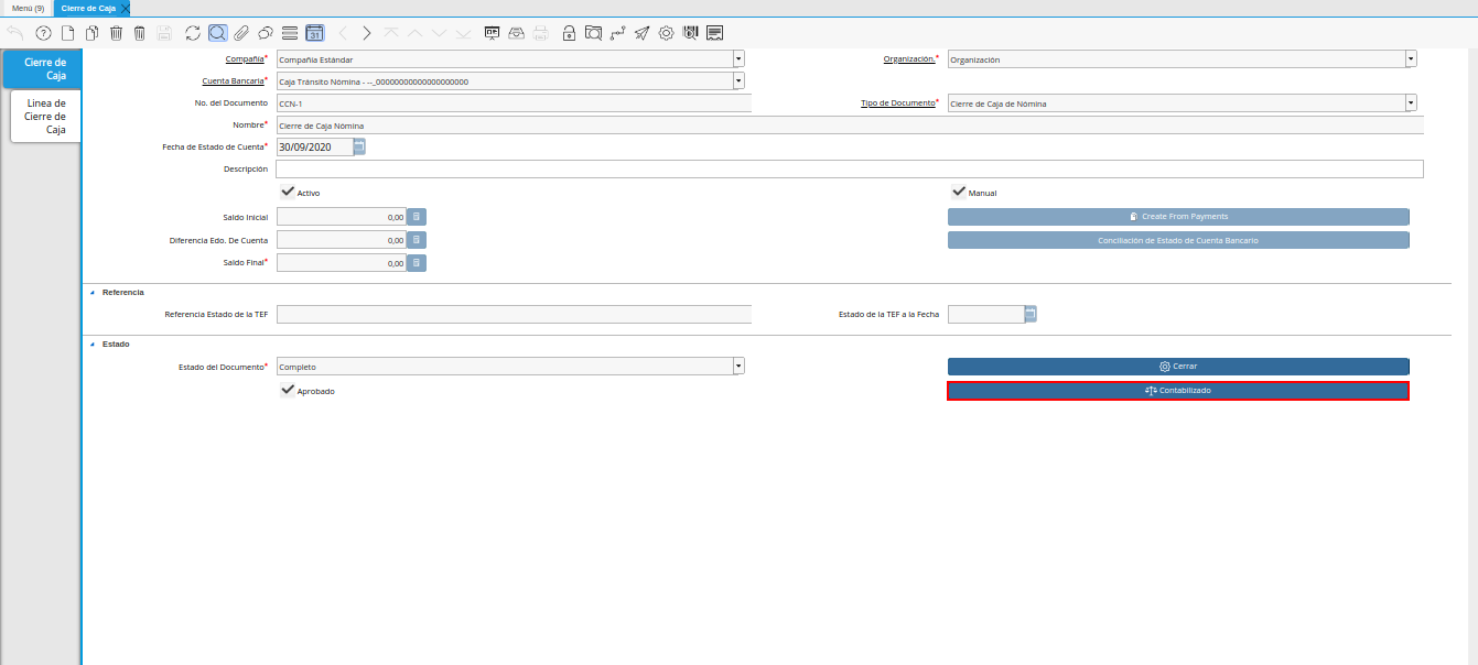 opción contabilizado de la ventana cierre de caja nómina