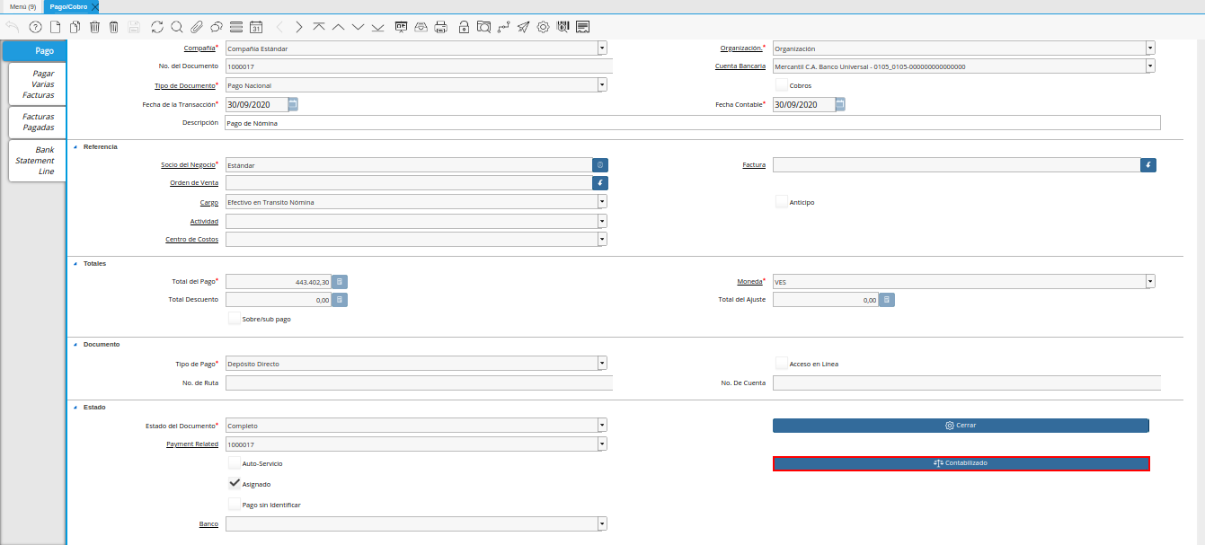 opción contabilizado de la ventana pago cobro nómina