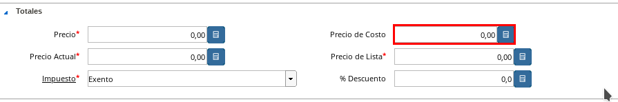 Campo Precio Costo