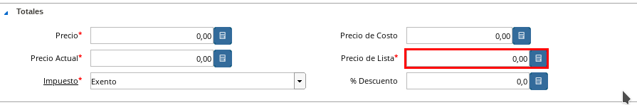 Campo Precio Lista