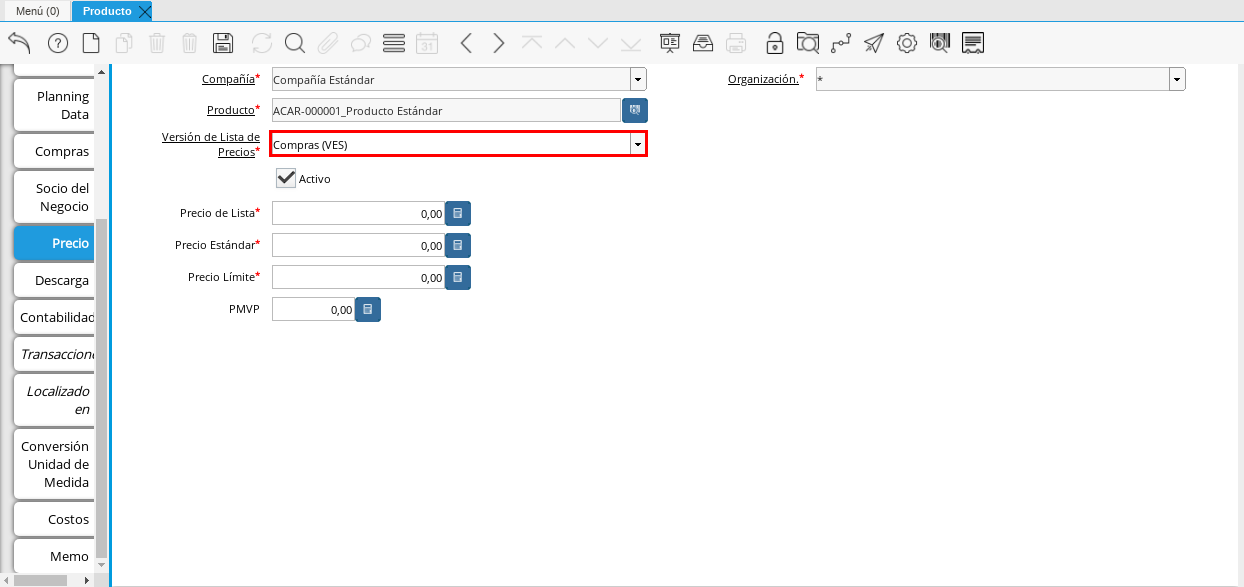 Campo Versión de Lista de Precios