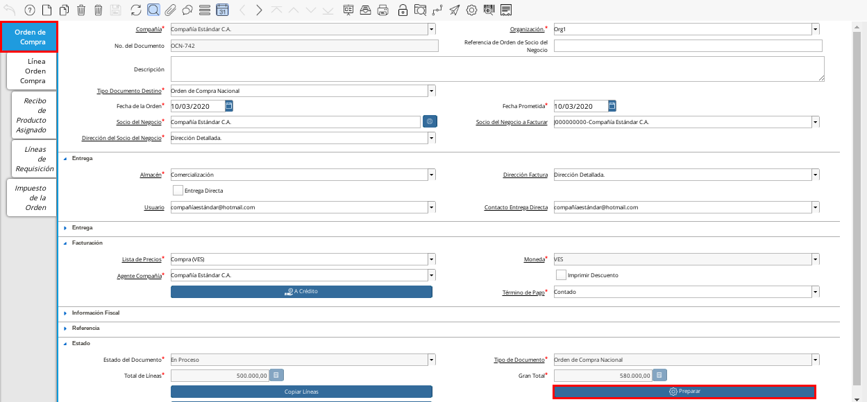 Pestaña Orden de Compra y Opción Completar