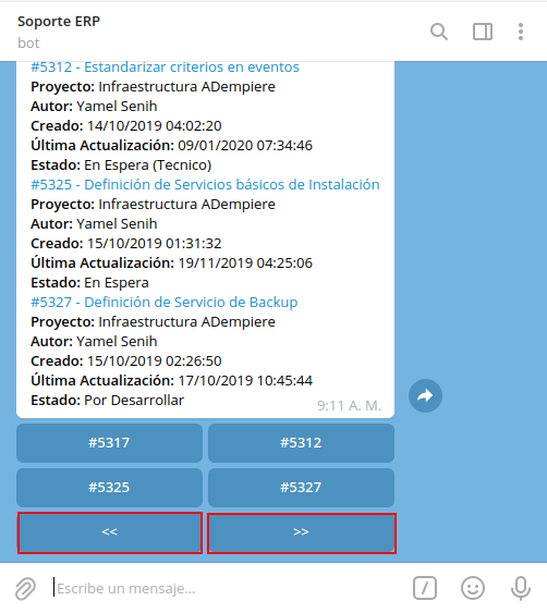 opciones anterior y siguiente de las tareas del mensaje del criterio tickets abiertos