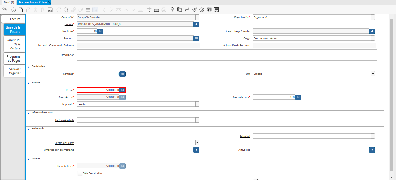Campo Precio de la Nota de Crédito de CxC