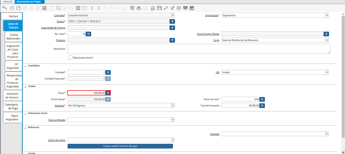 Campo Precio de la Pestaña Línea de la Factura de la Nota de débito de CxP