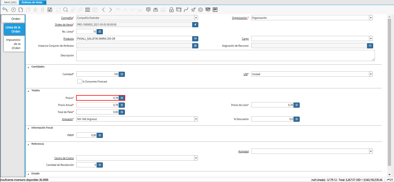 campo precio de la pestaña línea de la orden de la ventana órdenes de venta