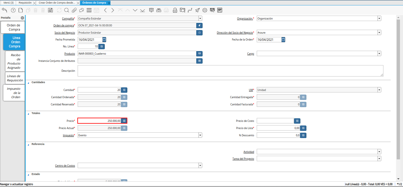 campo precio de la pestaña línea de la orden
