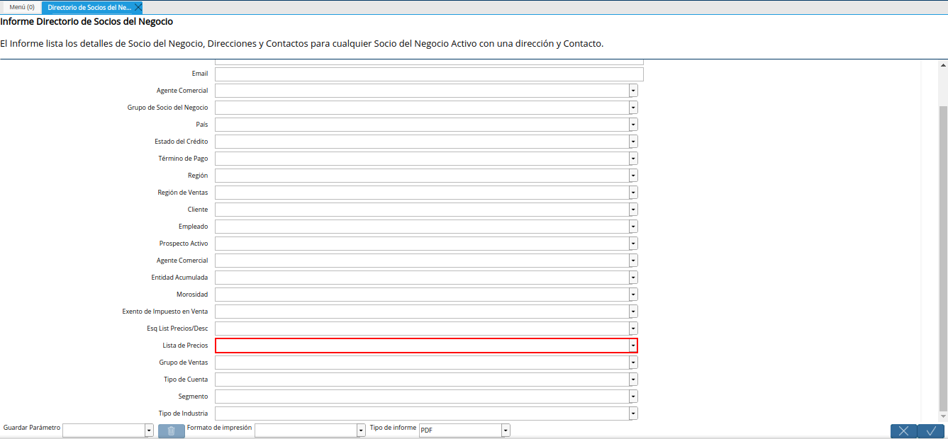 campo lista de precios del reporte directorio de socios del negocio