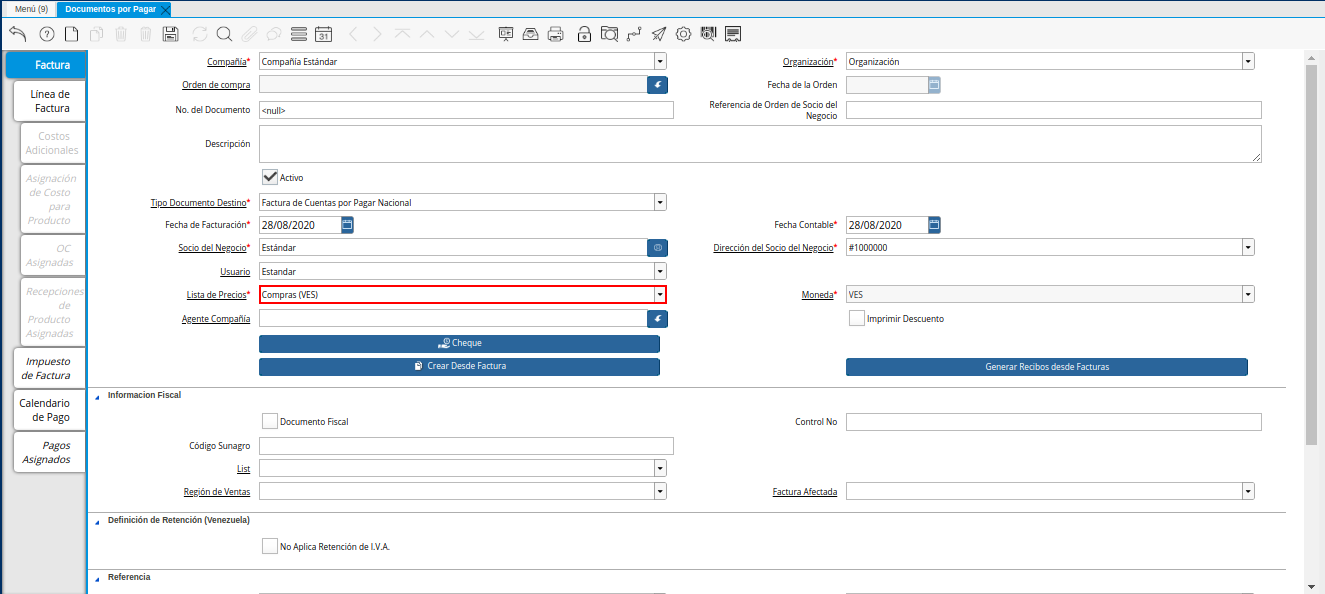 Campo Lista de Precios de la Ventana Documentos por Pagar desde Orden de Compra