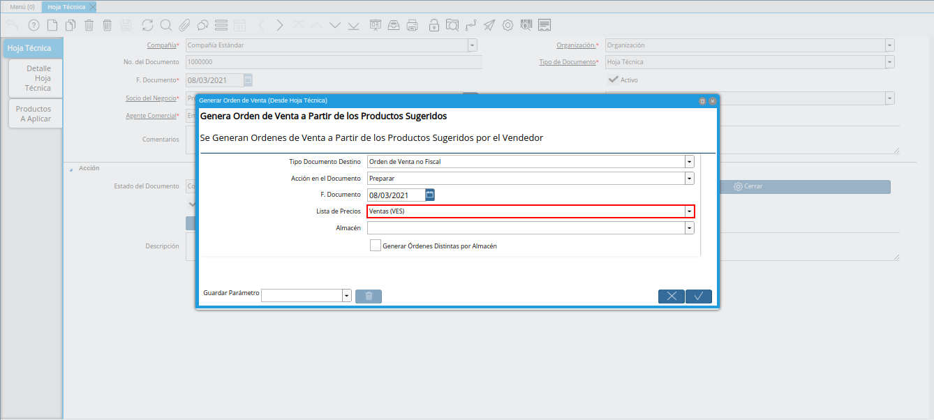 campo lista de precios de la ventana generar orden de venta desde hoja técnica