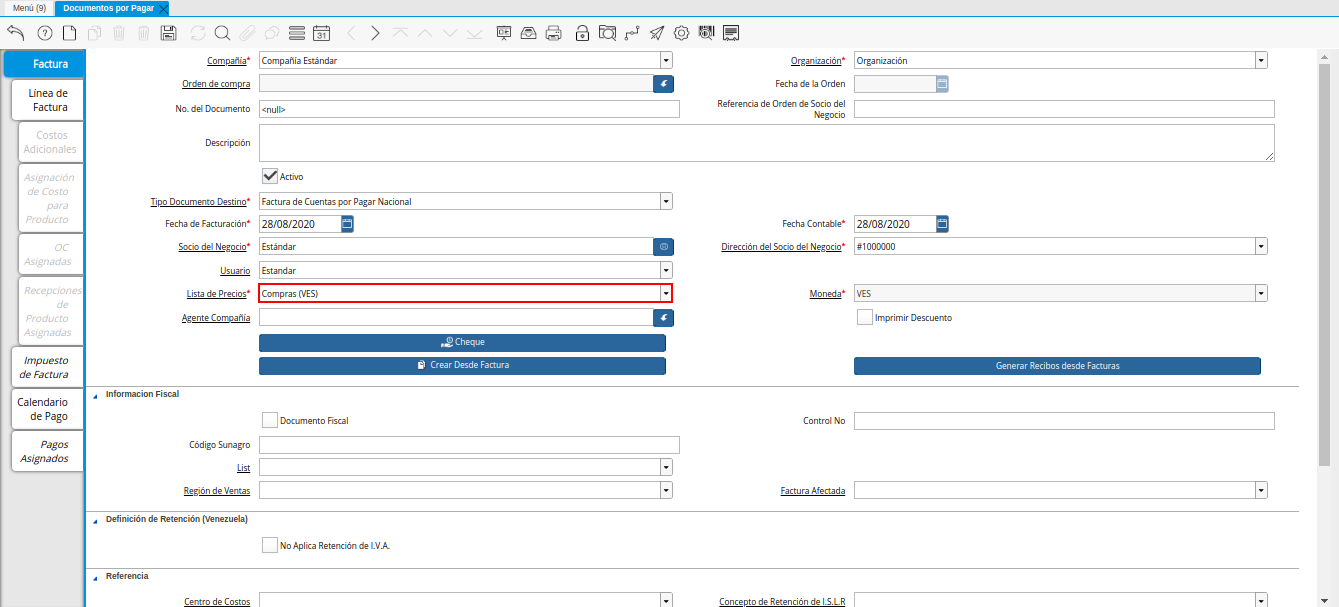 Campo Lista de Precios