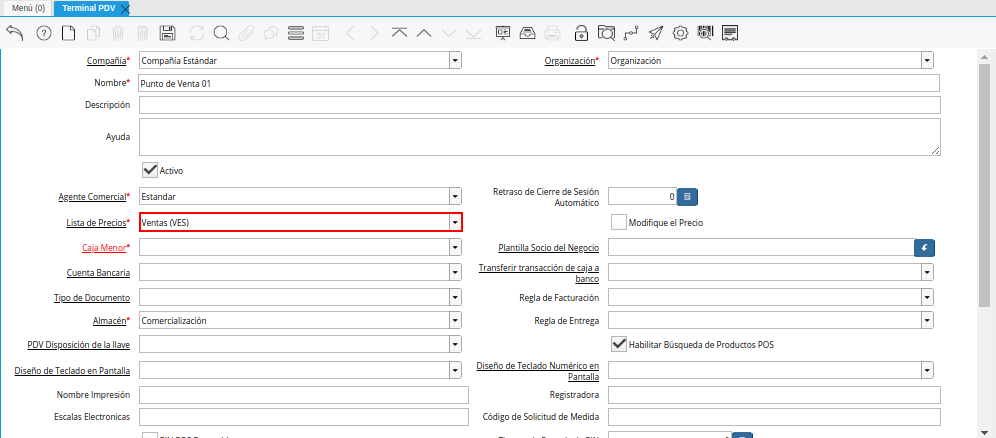 Campo Lista de Precios de la Ventana Terminal PDV