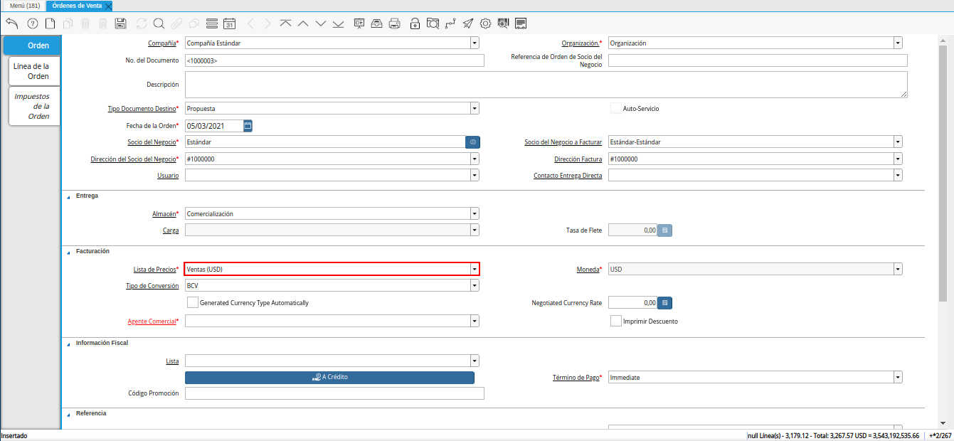 campo lista de precios de la ventana órdenes de venta