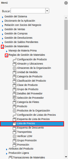 menú de lista de precios