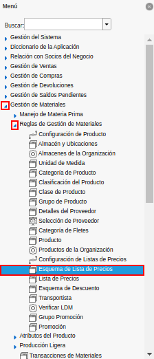 menú de esquema de lista de precios