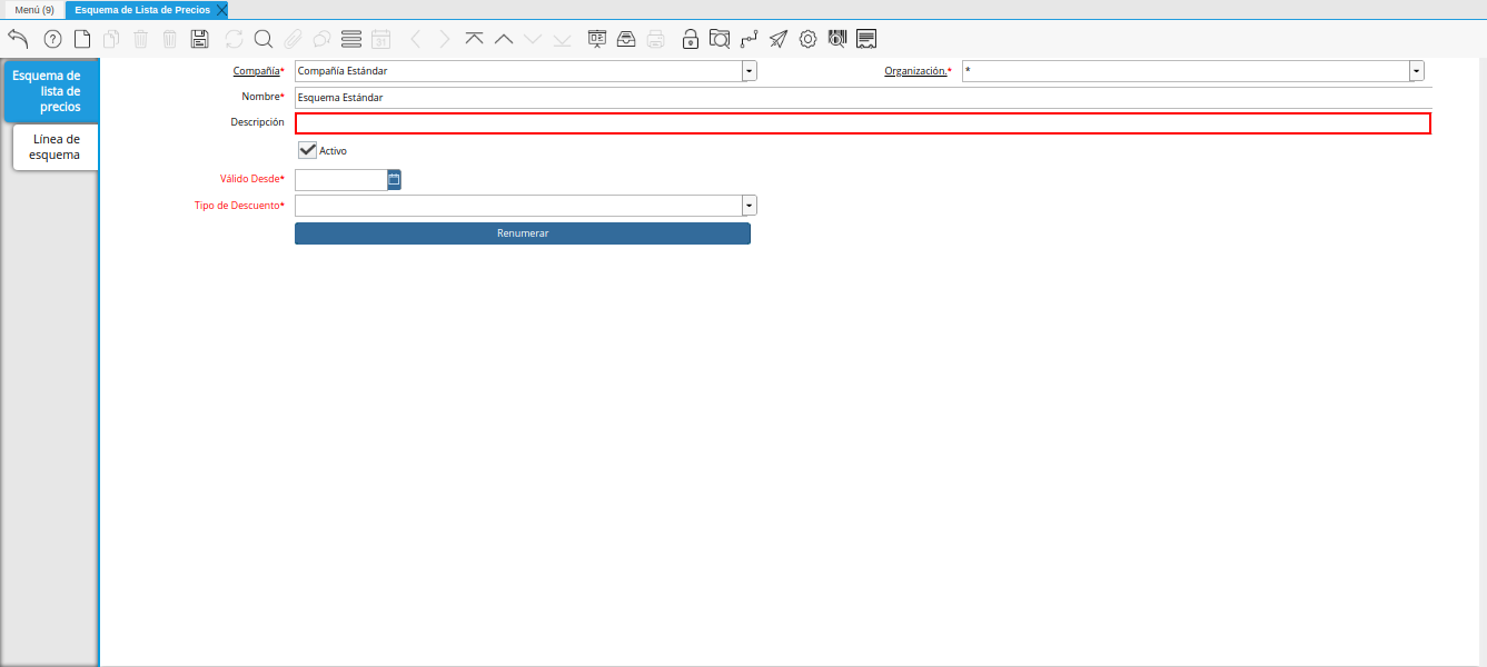 campo descripción de la ventana esquema de lista de precios