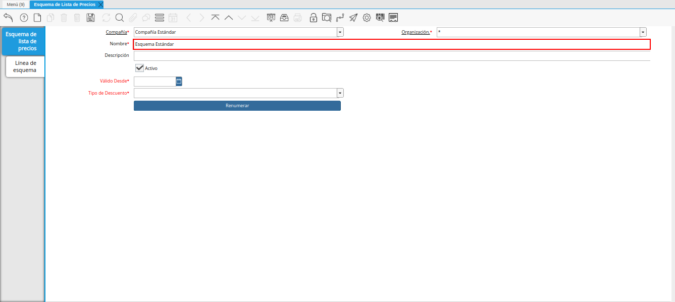 campo nombre de la ventana esquema de lista de precios