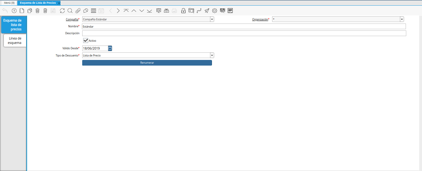 ventana esquema de lista de precios