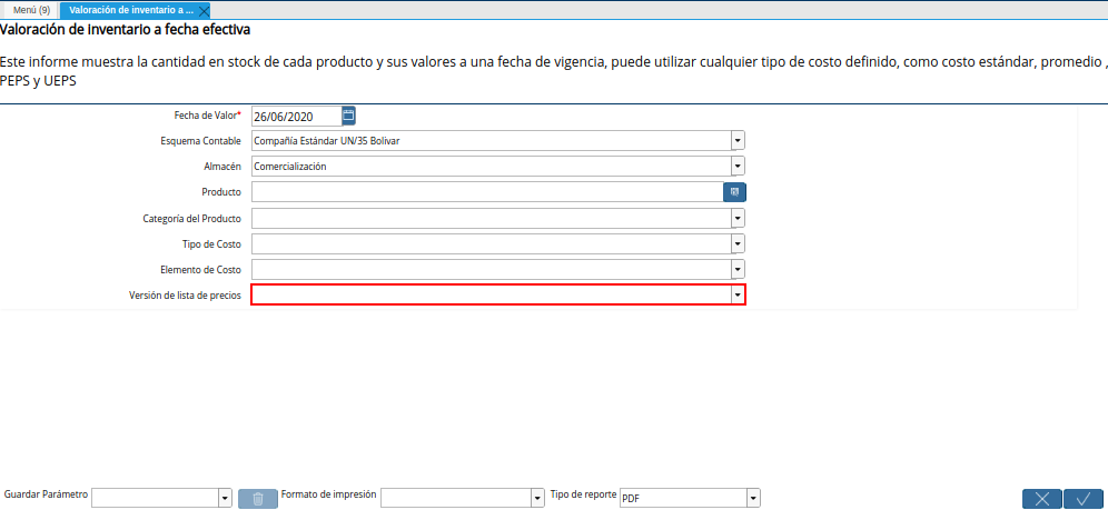 Campo Versión de Lista de Precios de la Ventana Valoración de Inventario a Fecha Efectiva