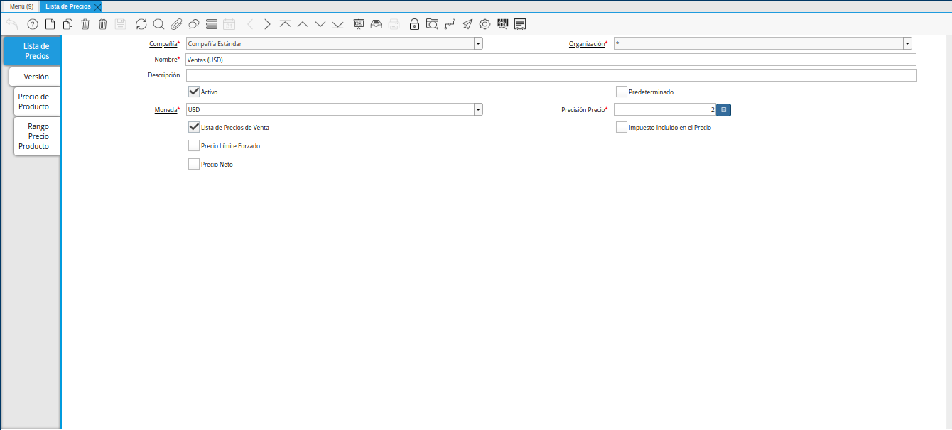ventana lista de precios