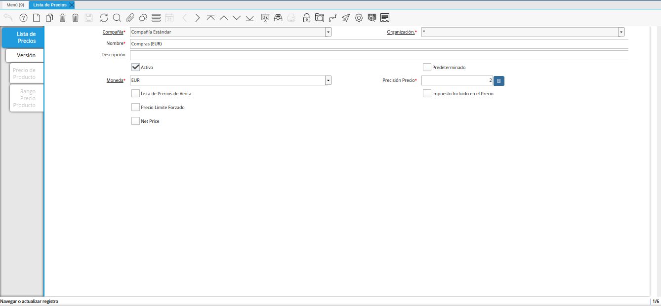 ventana lista de precios