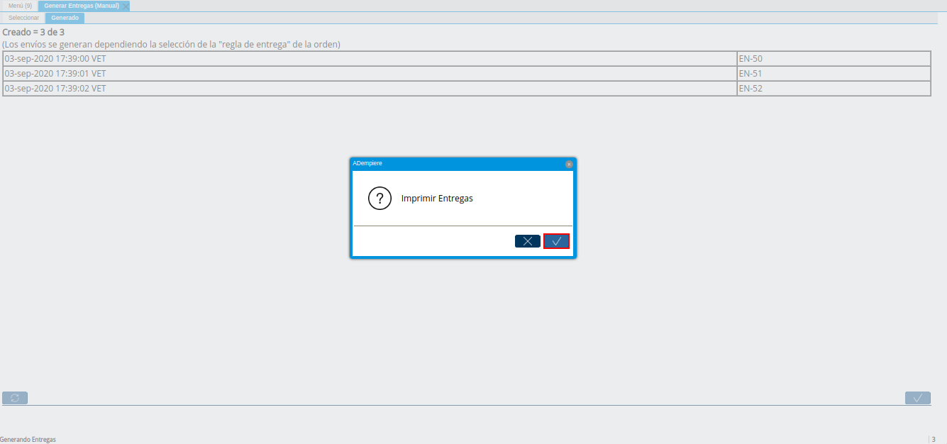 Mensaje de Imprimir Entregas