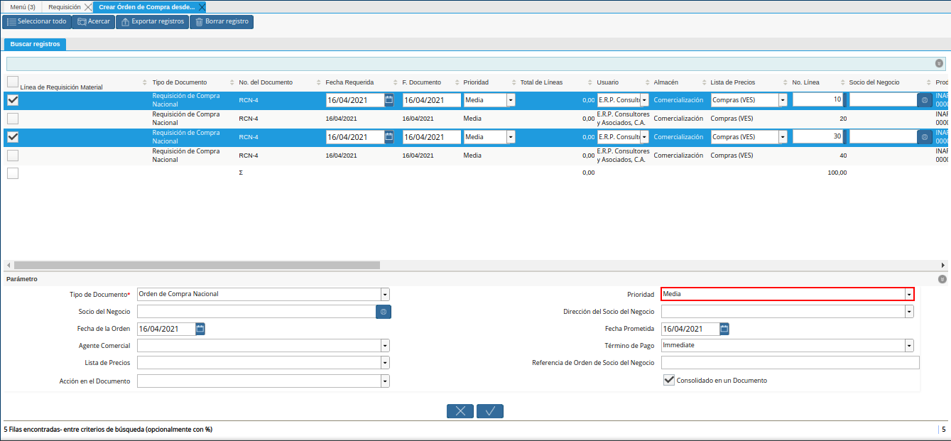 campo prioridad para la orden de compra