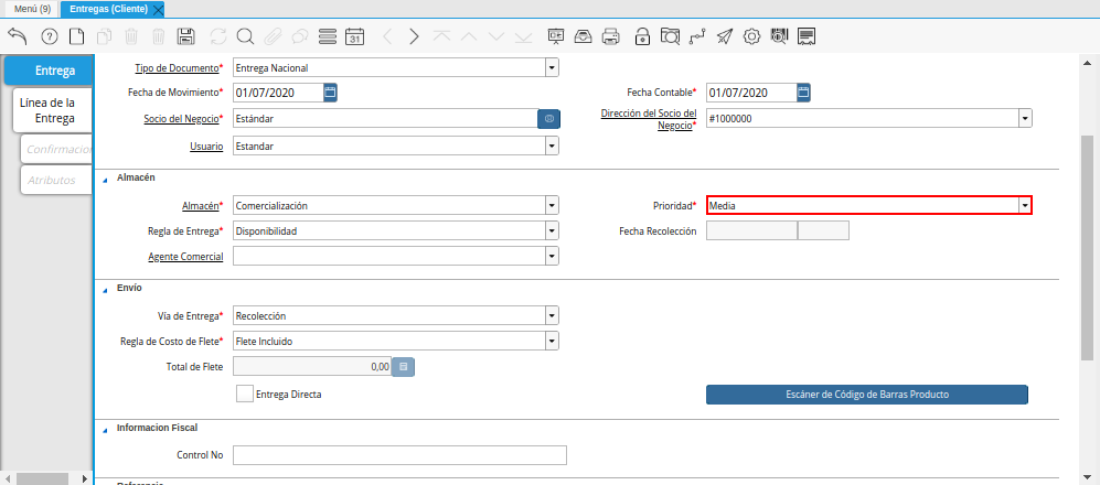 Campo Prioridad de la Ventana Entregas Cliente