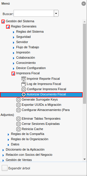 menú del proceso autorizar documento fiscal