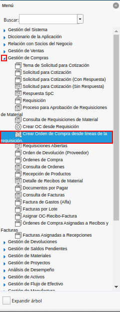 menú del proceso crear oc desde líneas de requisición