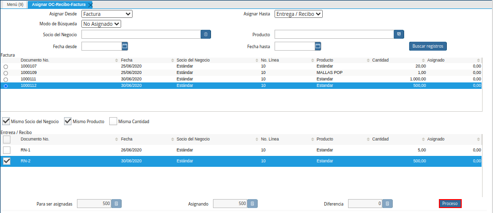Opción Proceso de la Ventana Asignar OC Recepción Factura