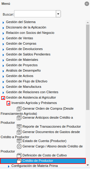 menú de crédito del productor