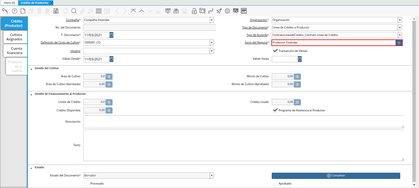 campo socio del negocio de la ventana crédito del productor