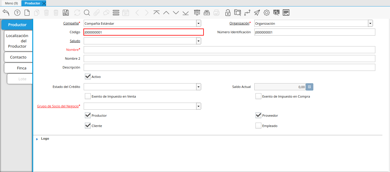 campo código de la ventana productor