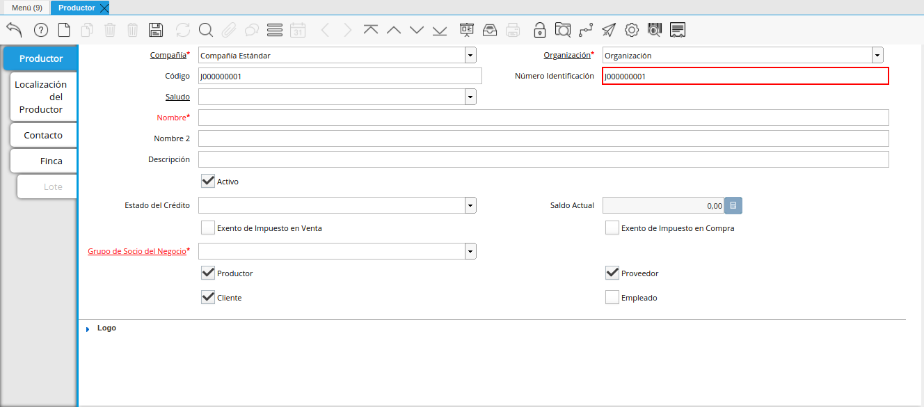 campo número de identificación de la ventana productor